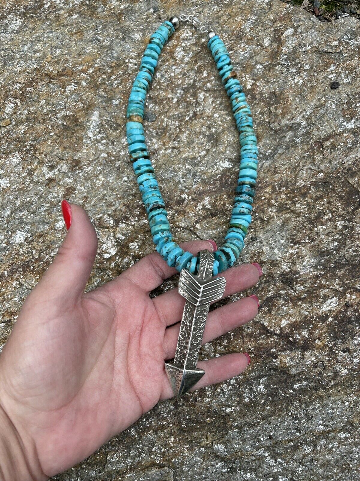 Natural Turquoise & Sterling Silver Tufa Cast Arrow Necklace