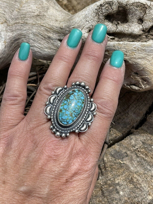 Navajo Sonoran Mountain Turquoise & Sterling Silver Statement Ring Size 8