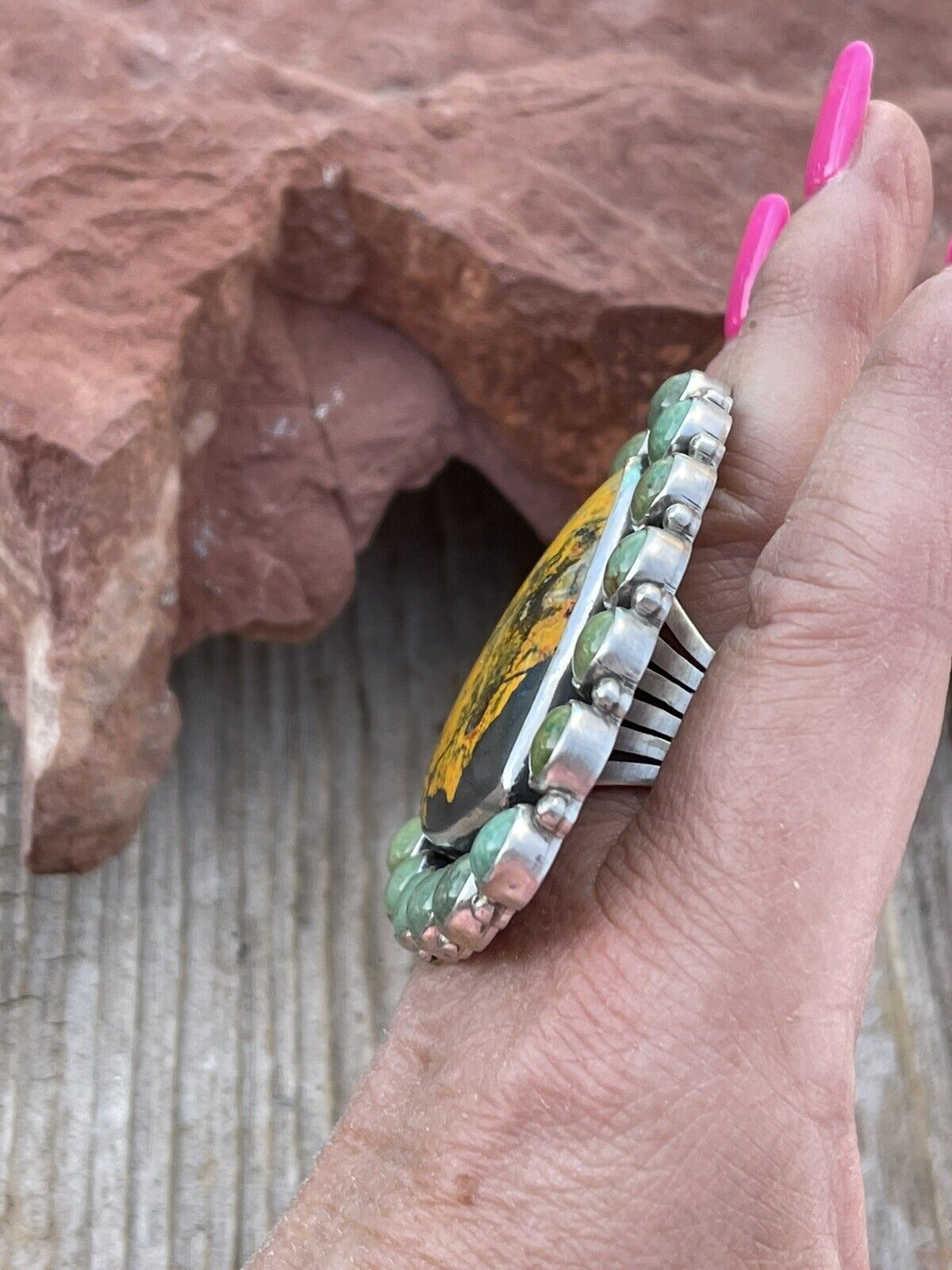 Handcrafted Turquoise & Bumble Bee Cluster Jumbo Ring Size 7