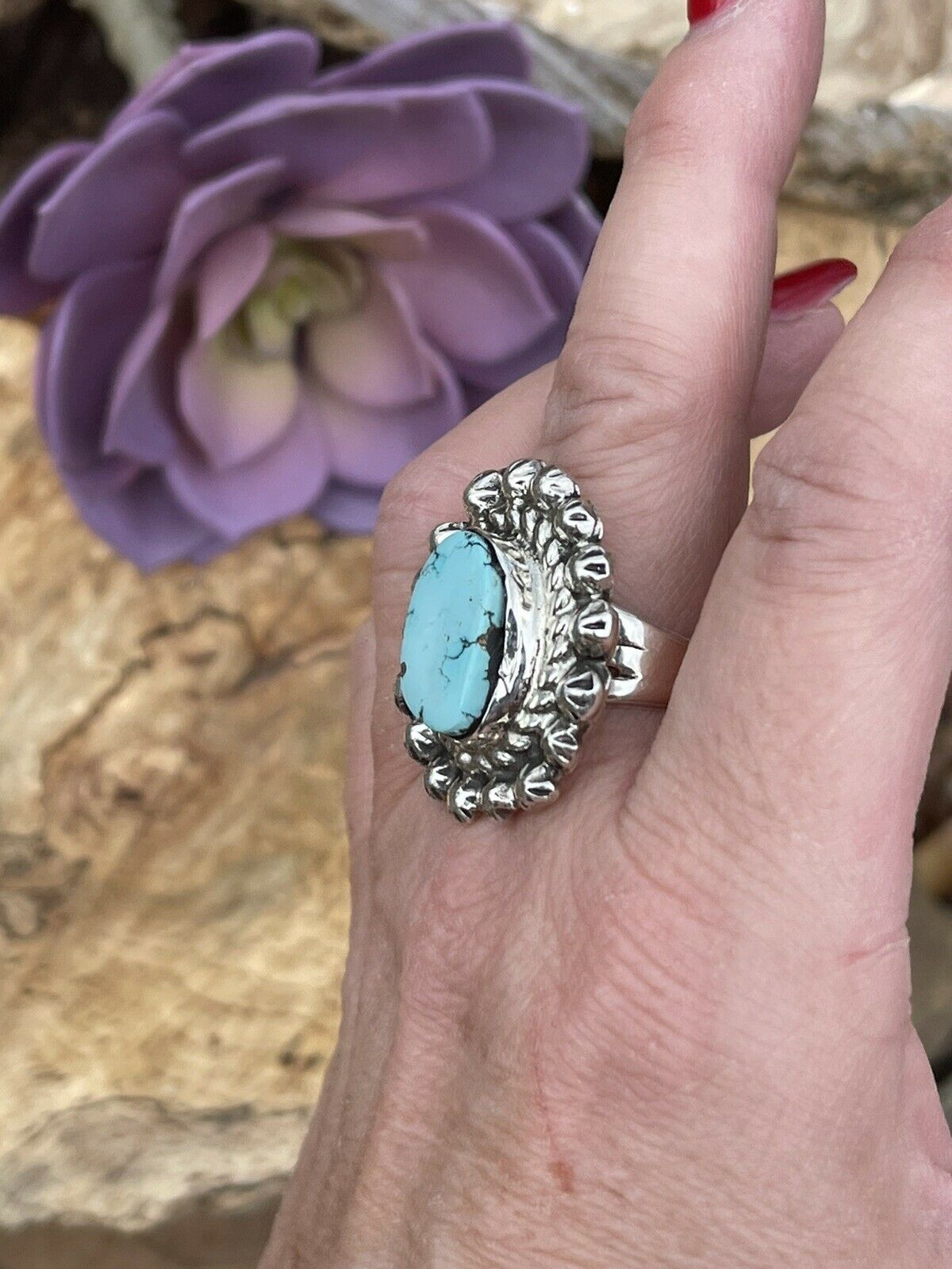 Handcrafted Sterling Carico Lake Turquoise Stone Sunburst Ring Size 8
