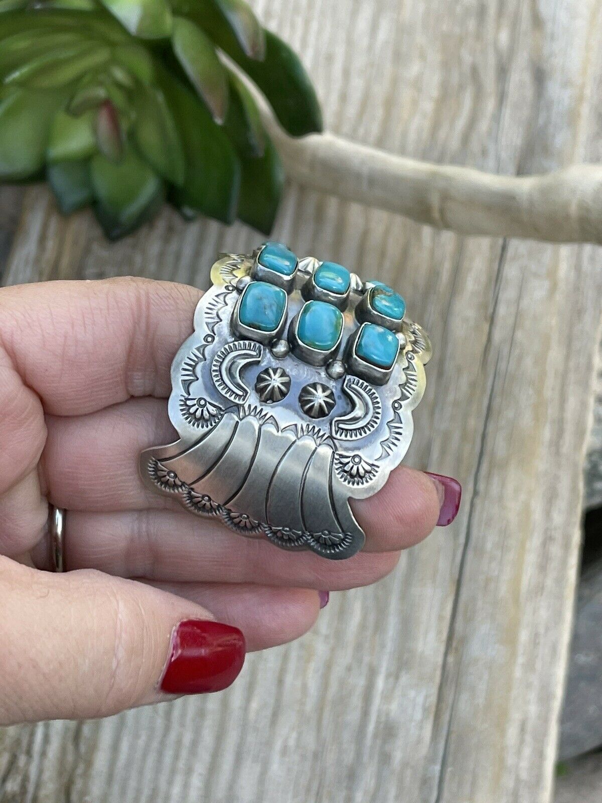 Stunning Turquoise Cluster & Sterling Silver Cuff Signed /