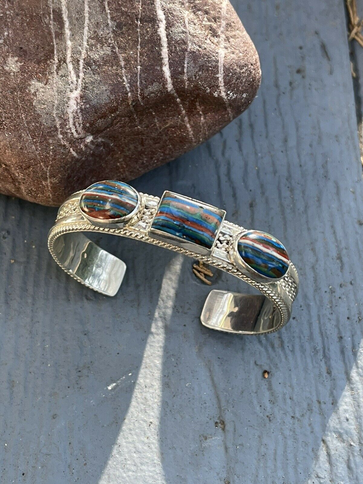Unique Handcrafted Sterling Silver & Rainbow Stone Elegant Cuff Bracelet