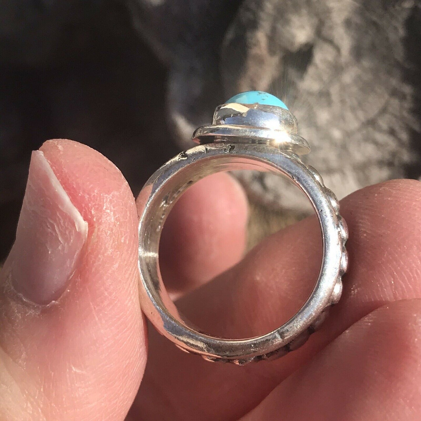 Navajo Kingman Turquoise & Sterling Silver Dotted Band Ring