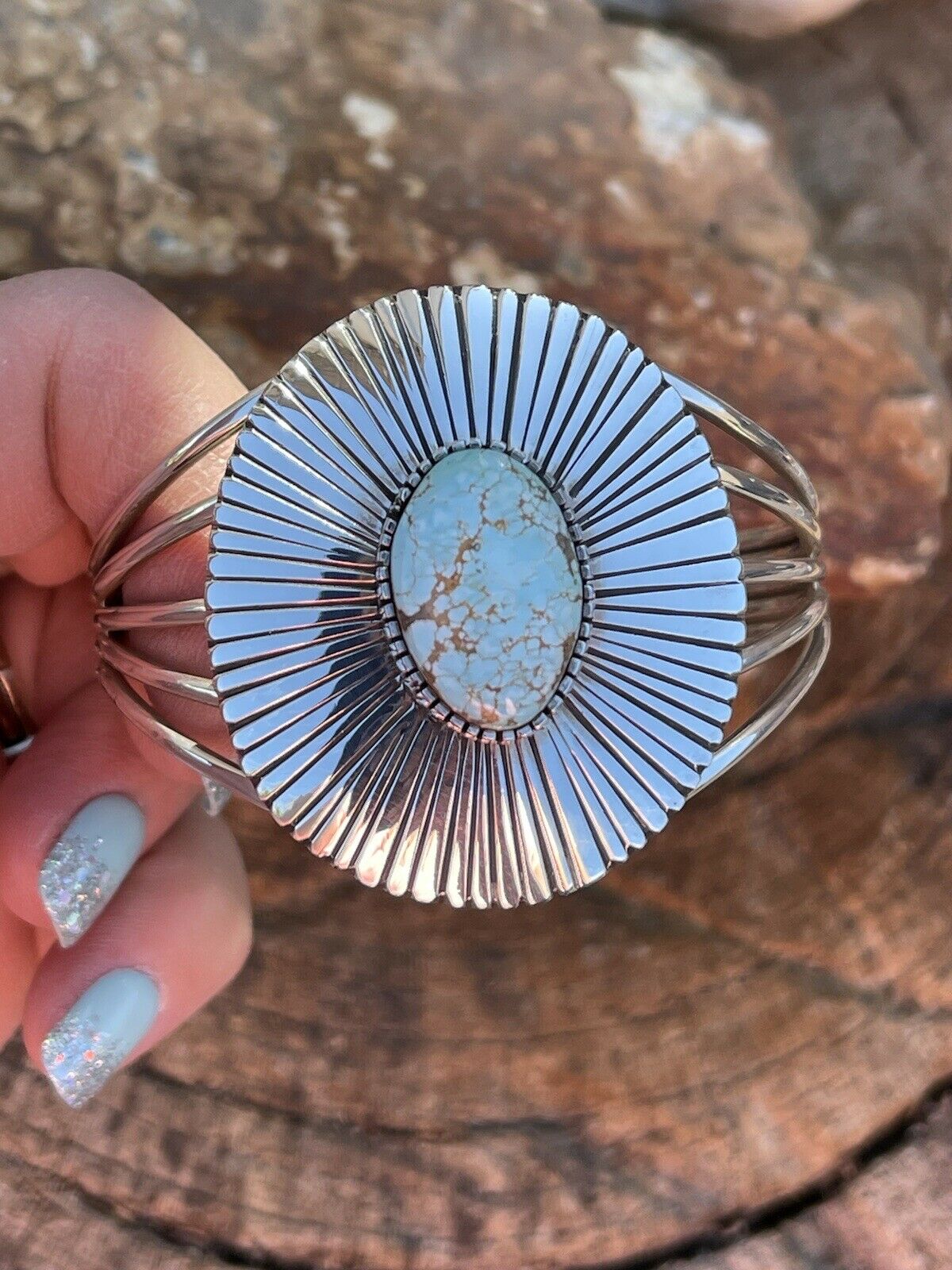 Handcrafted Handmade Sterling Silver & Number 8 Turquoise Signed Lined Cuff Signed