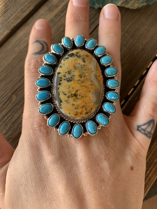 Handcrafted Sleeping Beauty Turquoise & Bumble Bee Statement Ring Size 7.25