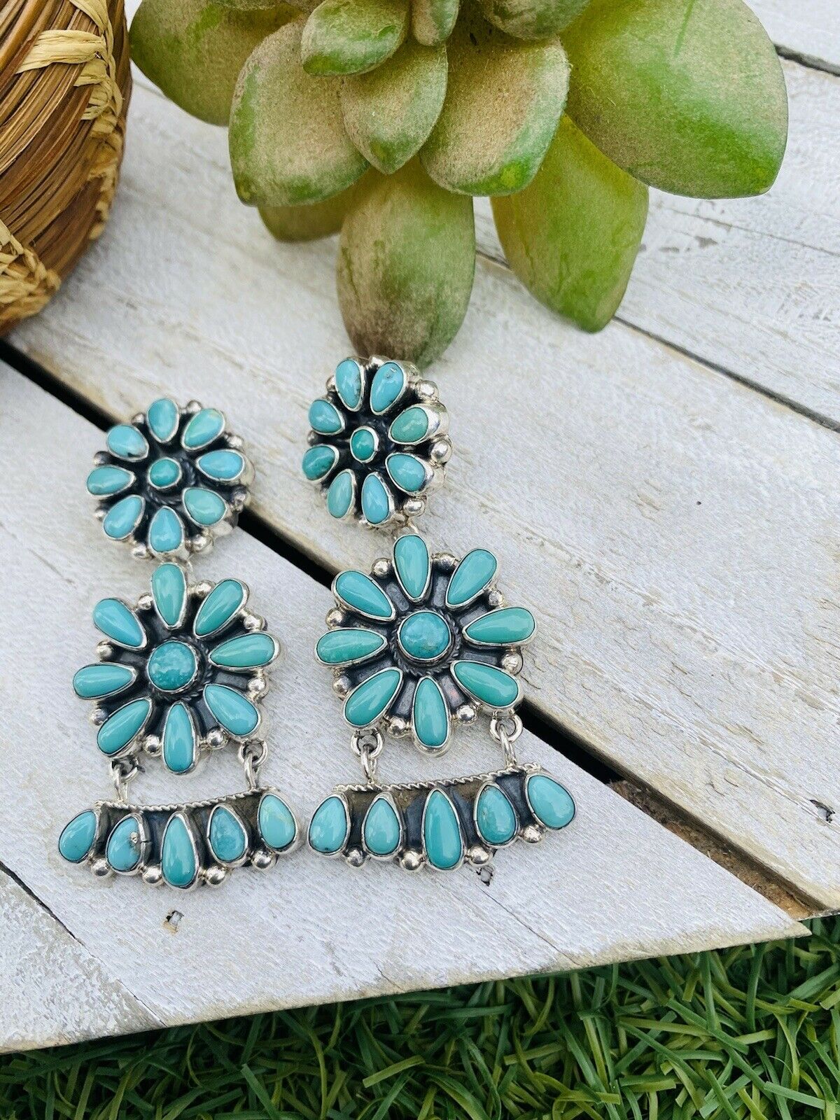 Navajo Handmade Turquoise and Sterling Silver Cluster Dangle Post Earrings