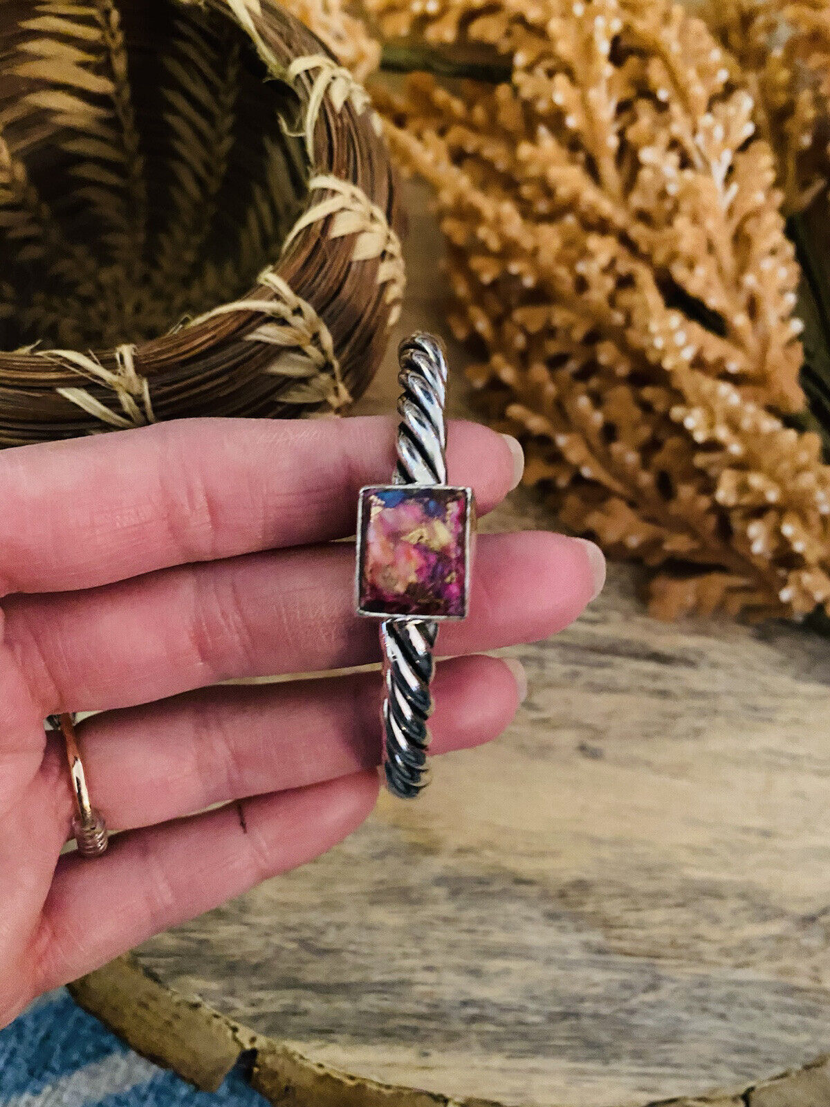 Handcrafted Pink Dream Mohave square & Sterling Silver Square Cuff Bracelet