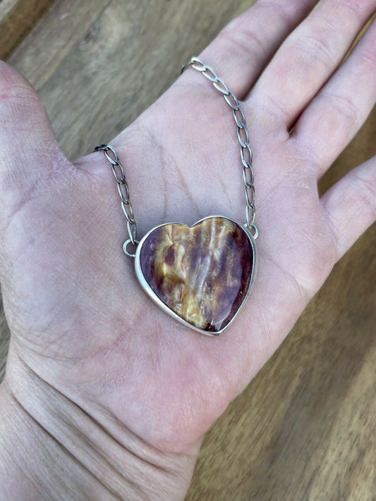 Handcrafted Purple Spiny And Sterling Silver Heart Necklace Signed