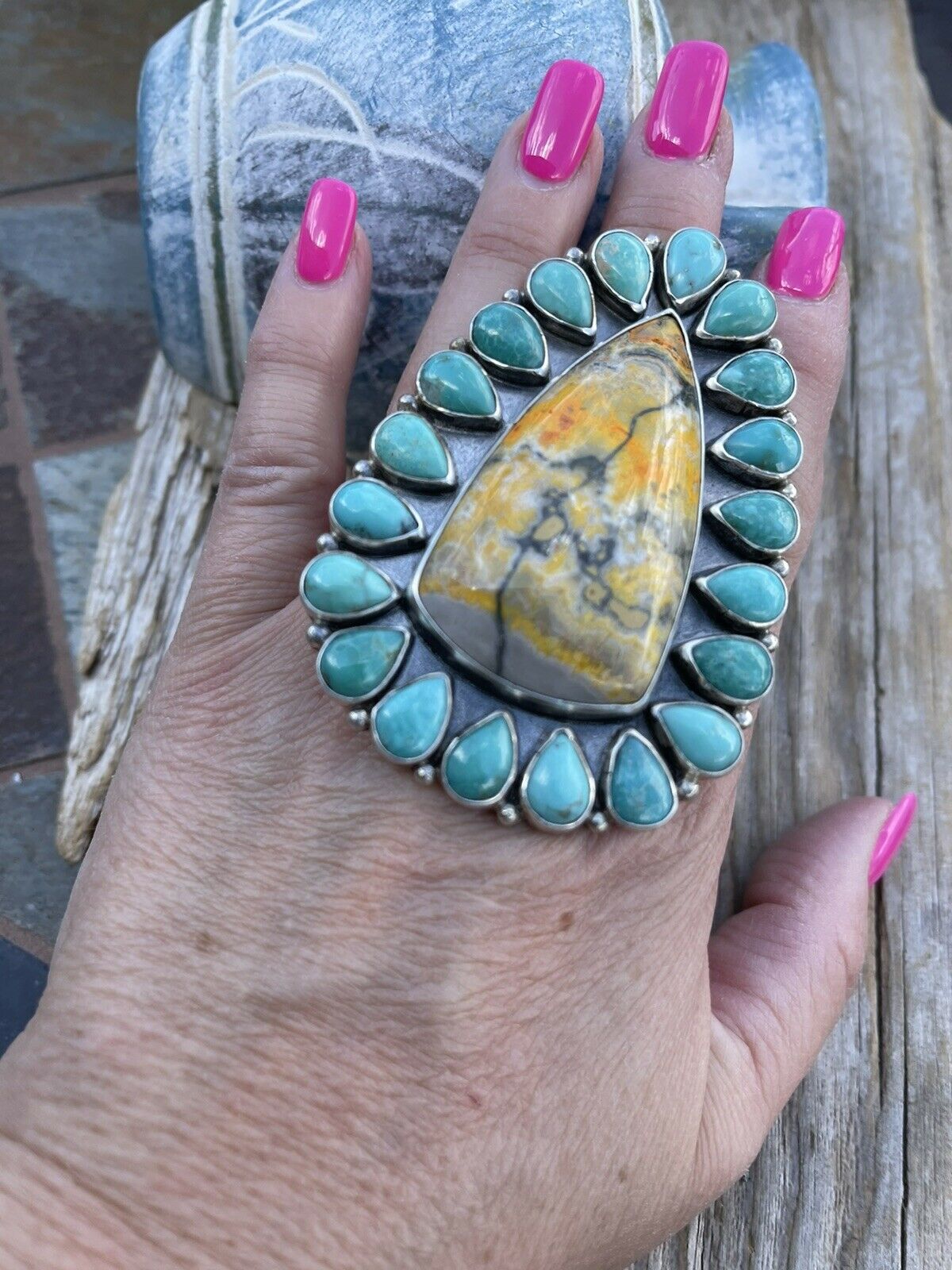 Handcrafted Sterling Bumblebee and Turquoise Stone Ring Sz 9.5