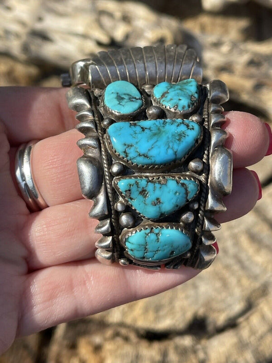 Vintage Handcrafted Sterling Silver & Kingman Turquoise Non Working Watch Bracelet