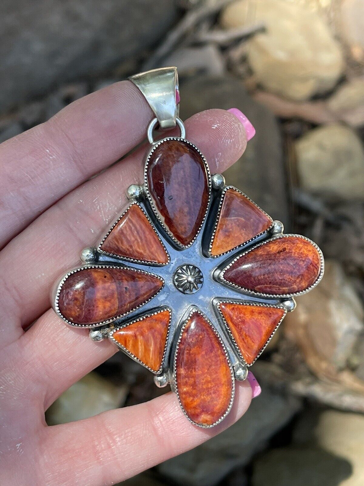 Handcrafted Sterling Silver Orange Spiny  Jumbo Cluster Pendant