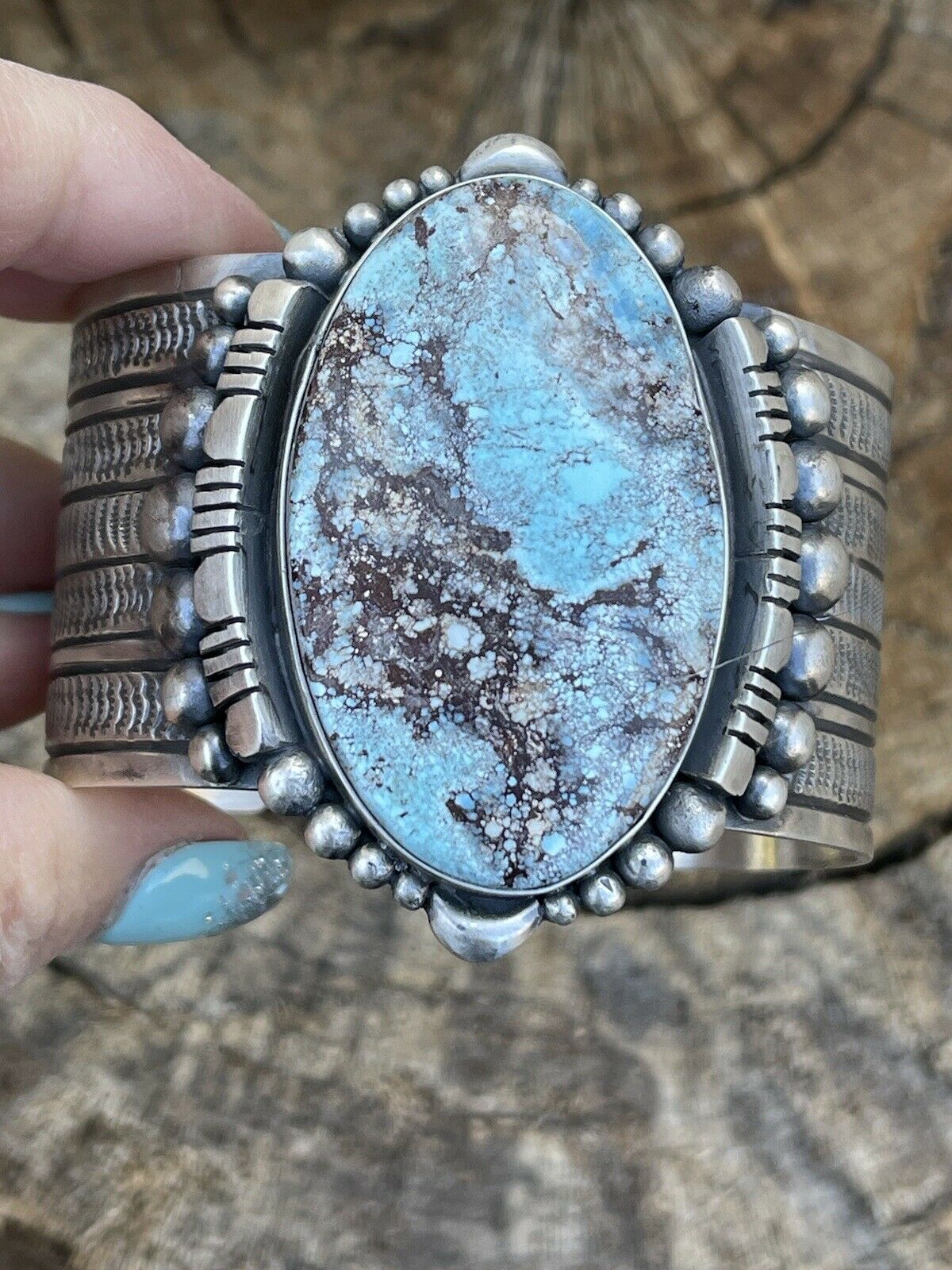 Handcrafted Handmade Sterling Silver & Number 8 Turquoise Signed Cuff Signed