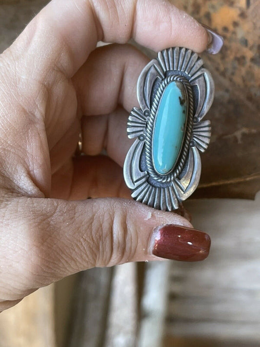 Handcrafted Turquoise & Sterling Silver Handcrafted Deco Ring Size 7.5