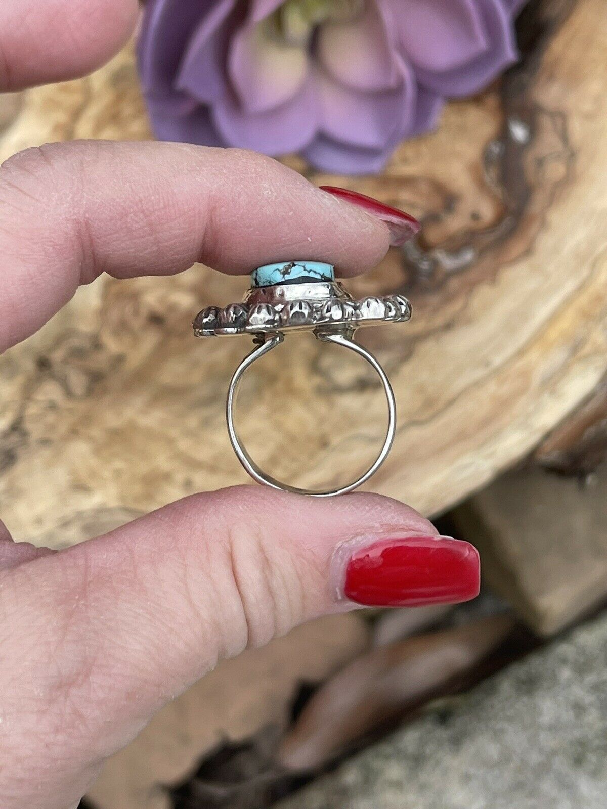Handcrafted Sterling Carico Lake Turquoise Stone Sunburst Ring Size 8