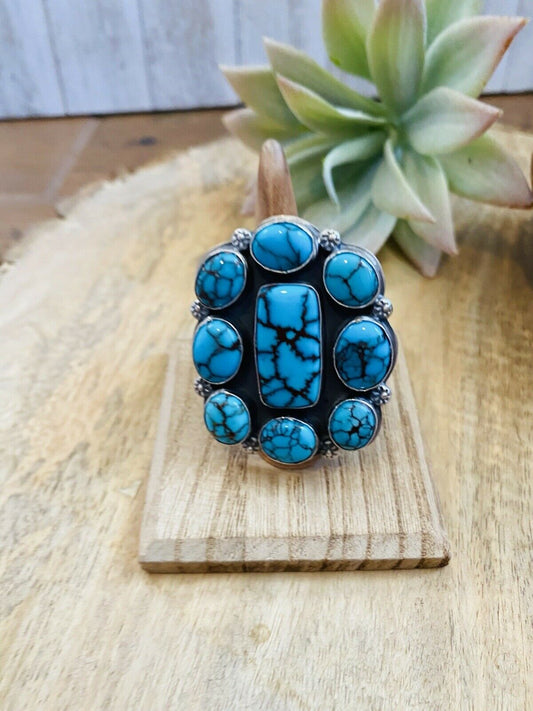 Handcrafted Kingman Turquoise & Sterling Silver Adjustable Ring Signed