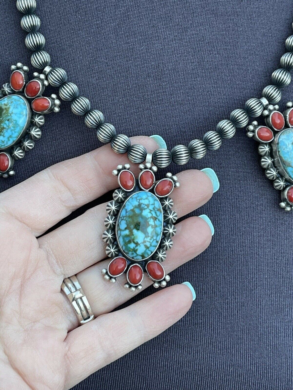 Handcrafted Sterling Kingman Turquoise Natural Red Coral Necklace Taos Collection