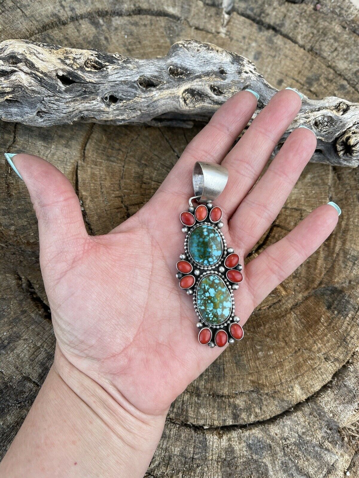 Handcrafted Sterling Kingman Web Turquoise & Red Coral Taos Pendant Bea Tom