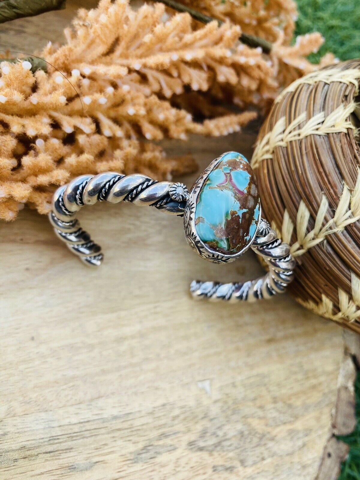 Handcrafted & Hand Stamped Sterling Silver & Royston Turquoise Cuff Bracelet