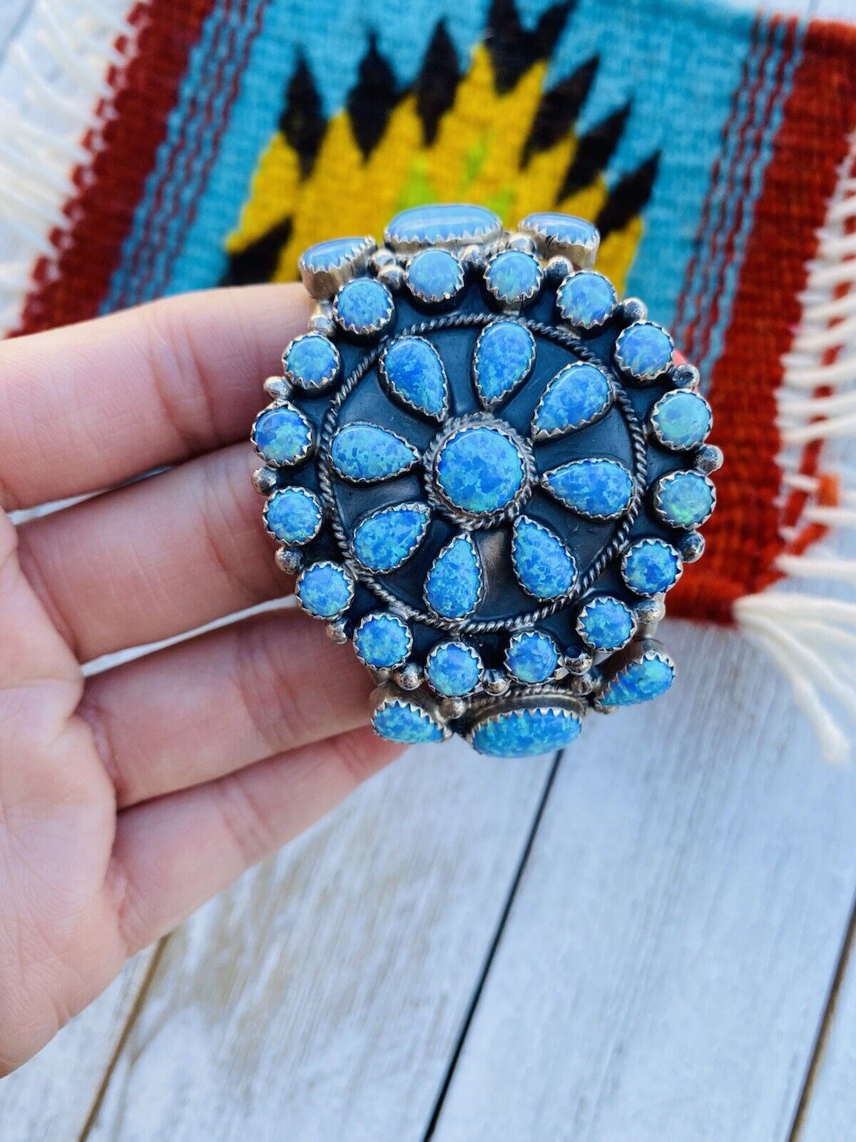 Navajo Blue Opal & Sterling Silver Cluster Bracelet Cuff