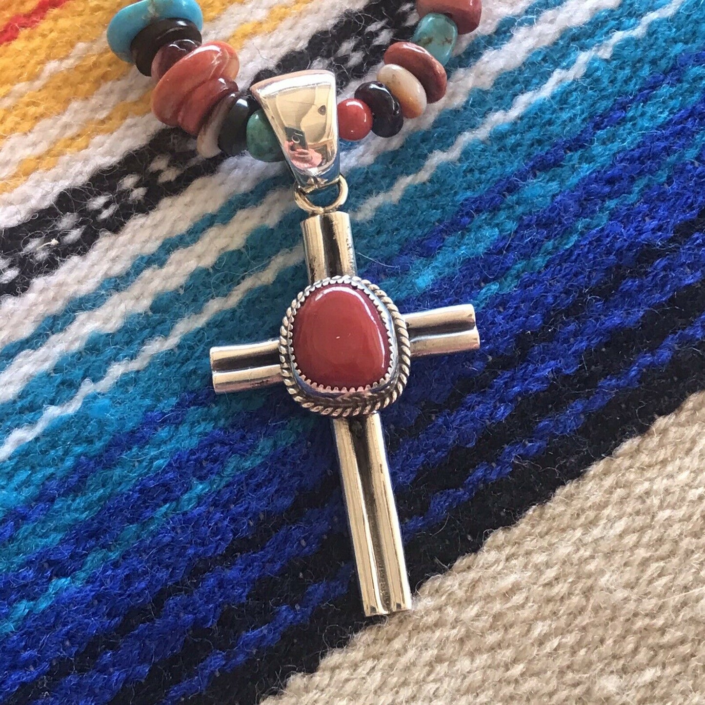 Navajo Sterling Silver Natural Red Coral Statement Cross Pendant Signed