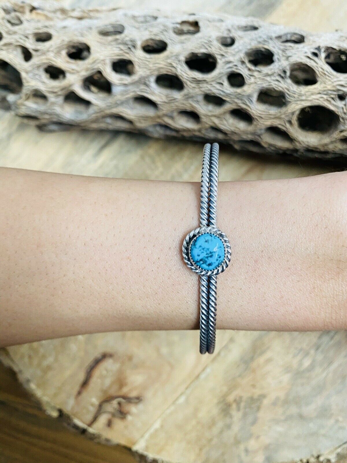 Handcrafted Sterling Silver & Kingman Turquoise Cuff Bracelet Signed