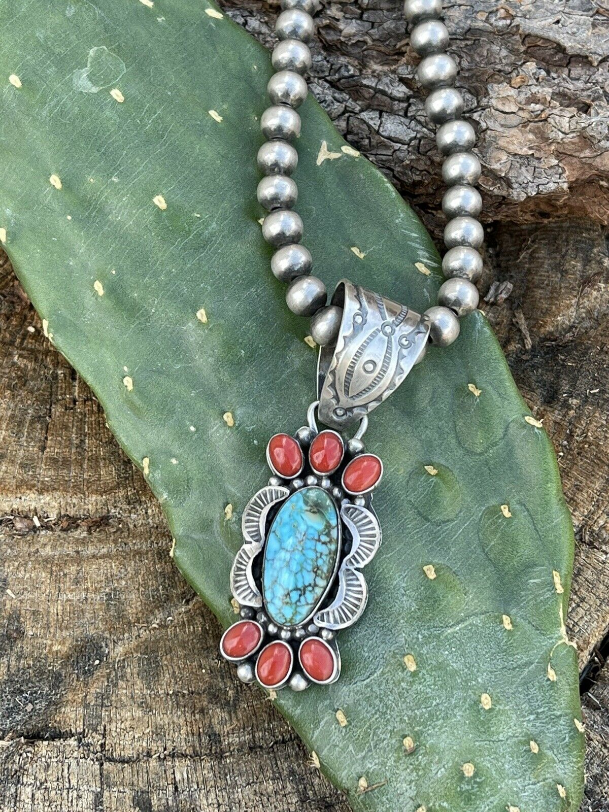 Handcrafted Sterling Kingman Web Turquoise & Red Coral Pendant Taos Collection
