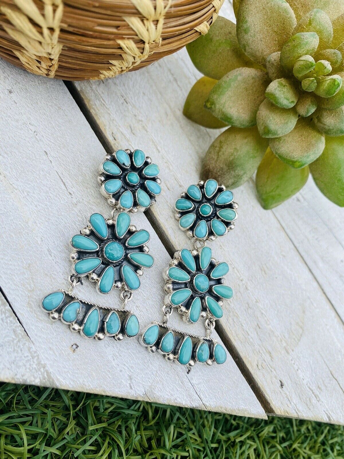 Navajo Handmade Turquoise and Sterling Silver Cluster Dangle Post Earrings