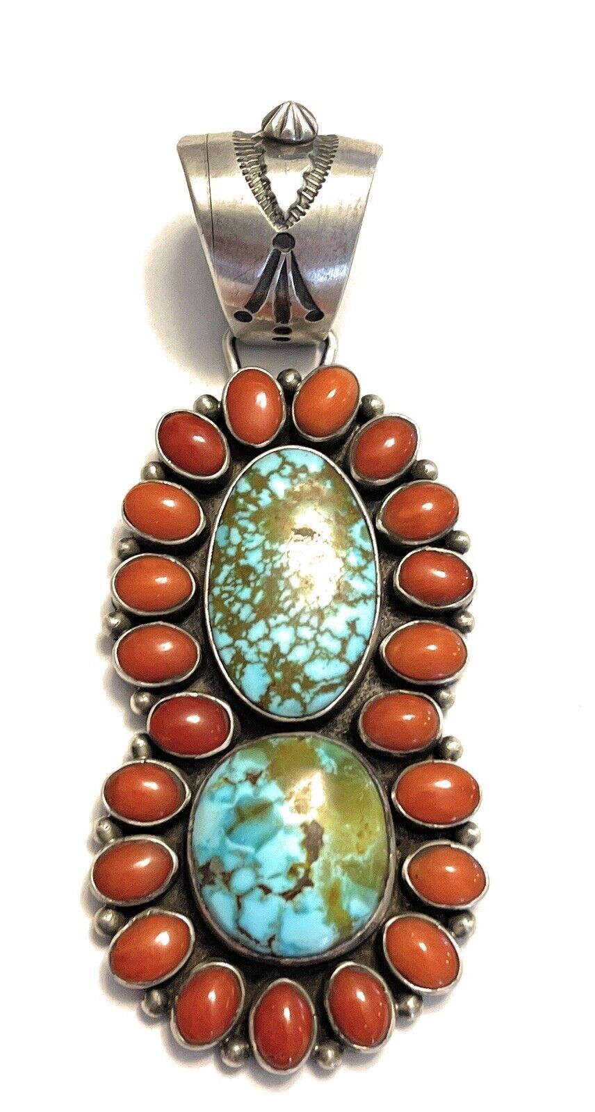 Handcrafted Sterling 2 Stone Kingman Web Turquoise & Red Coral Taos Pendant