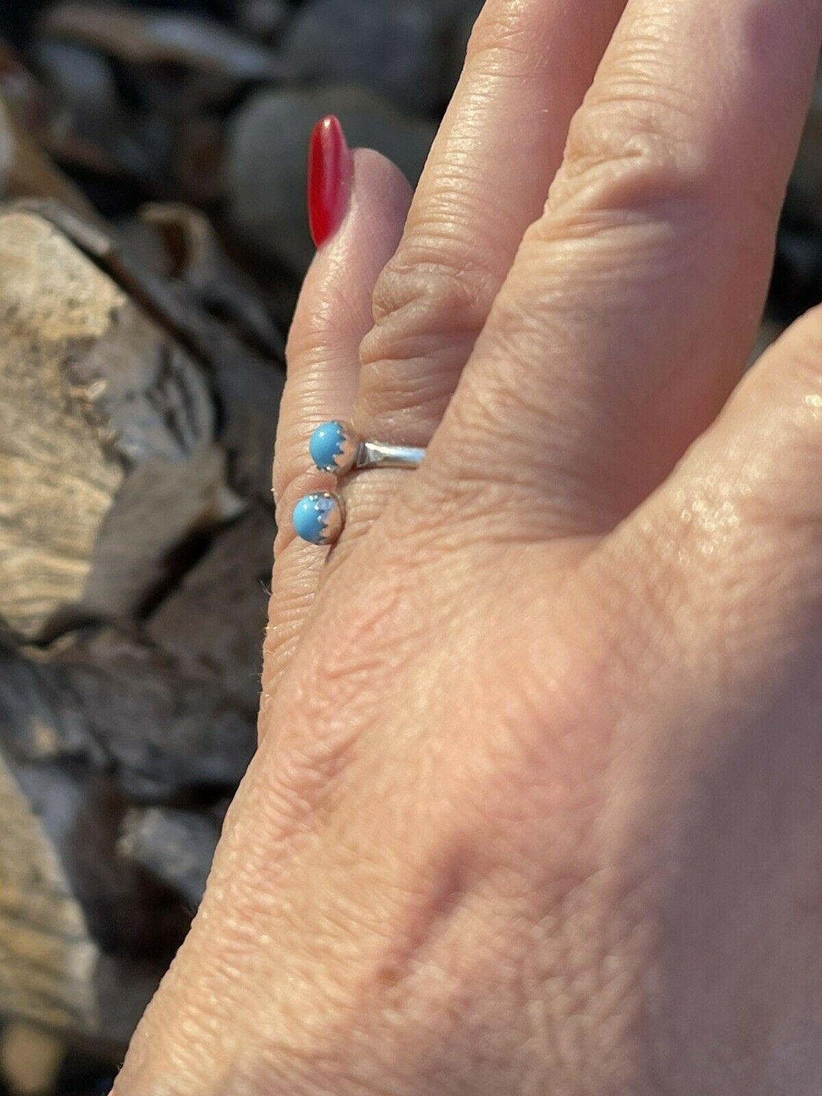 Navajo Turquoise Double Stone & Sterling Silver Adjustable Ring