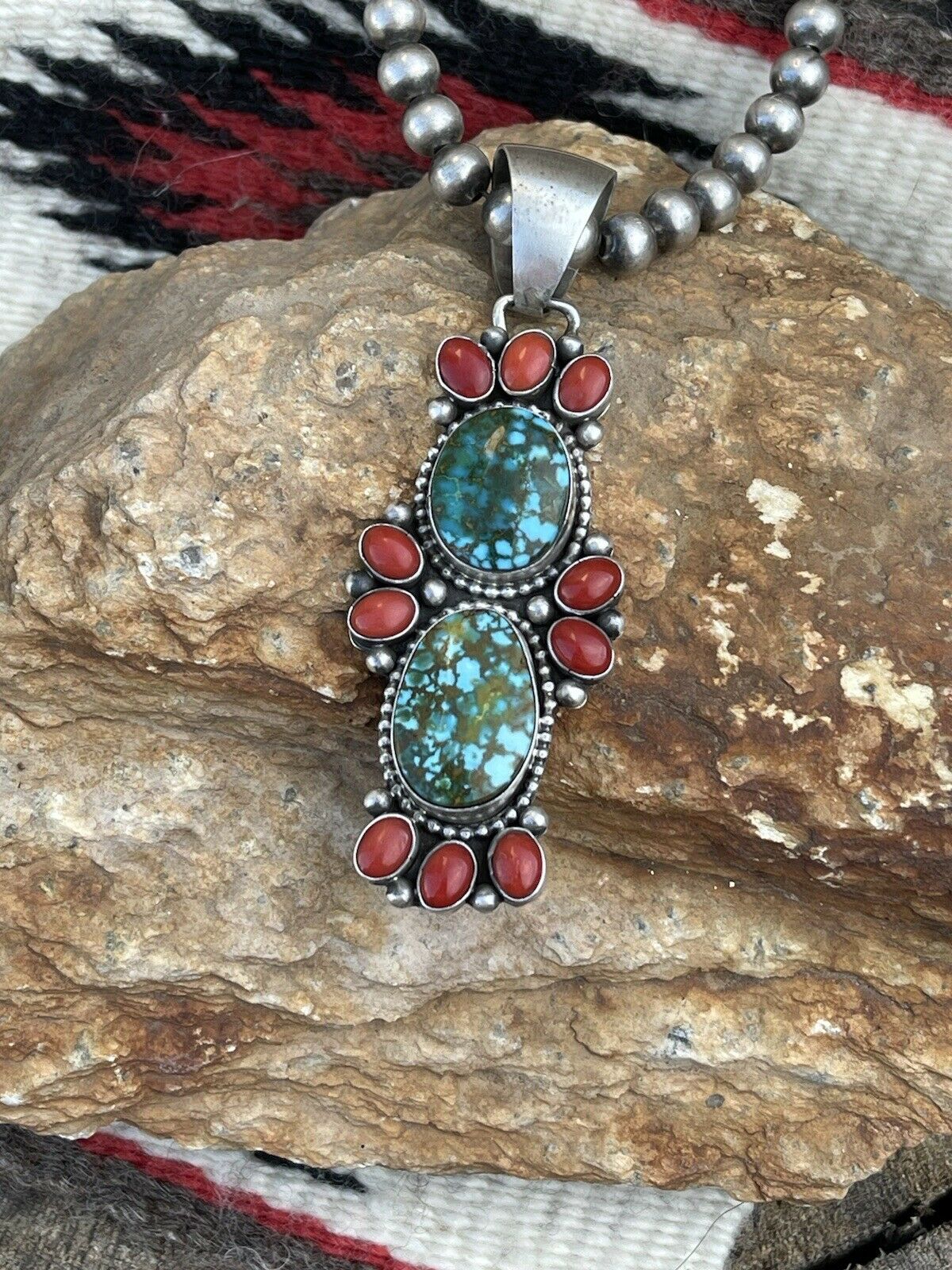 Handcrafted Sterling Kingman Web Turquoise & Red Coral Taos Pendant Bea Tom