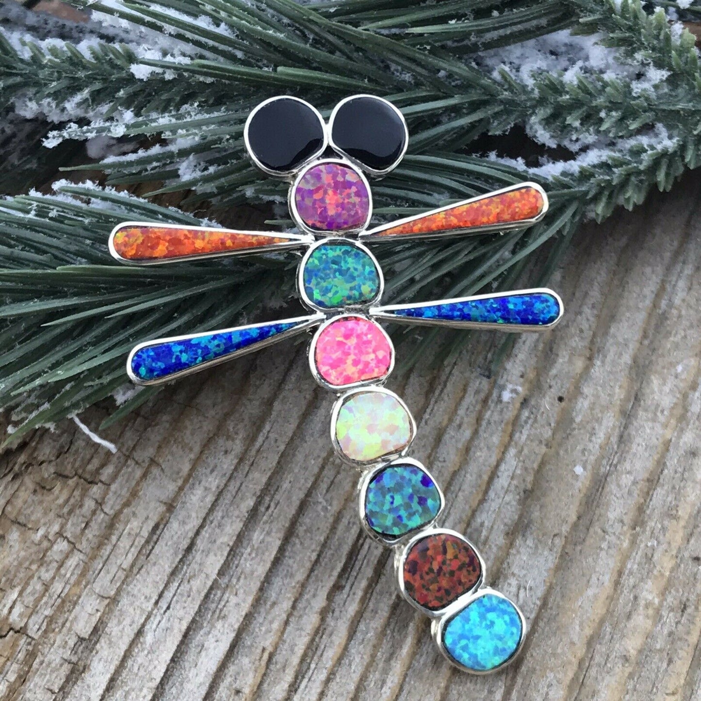 Handcrafted Sterling Silver & Multi Color Opal Stone Dragonfly Pendant Pin Signed