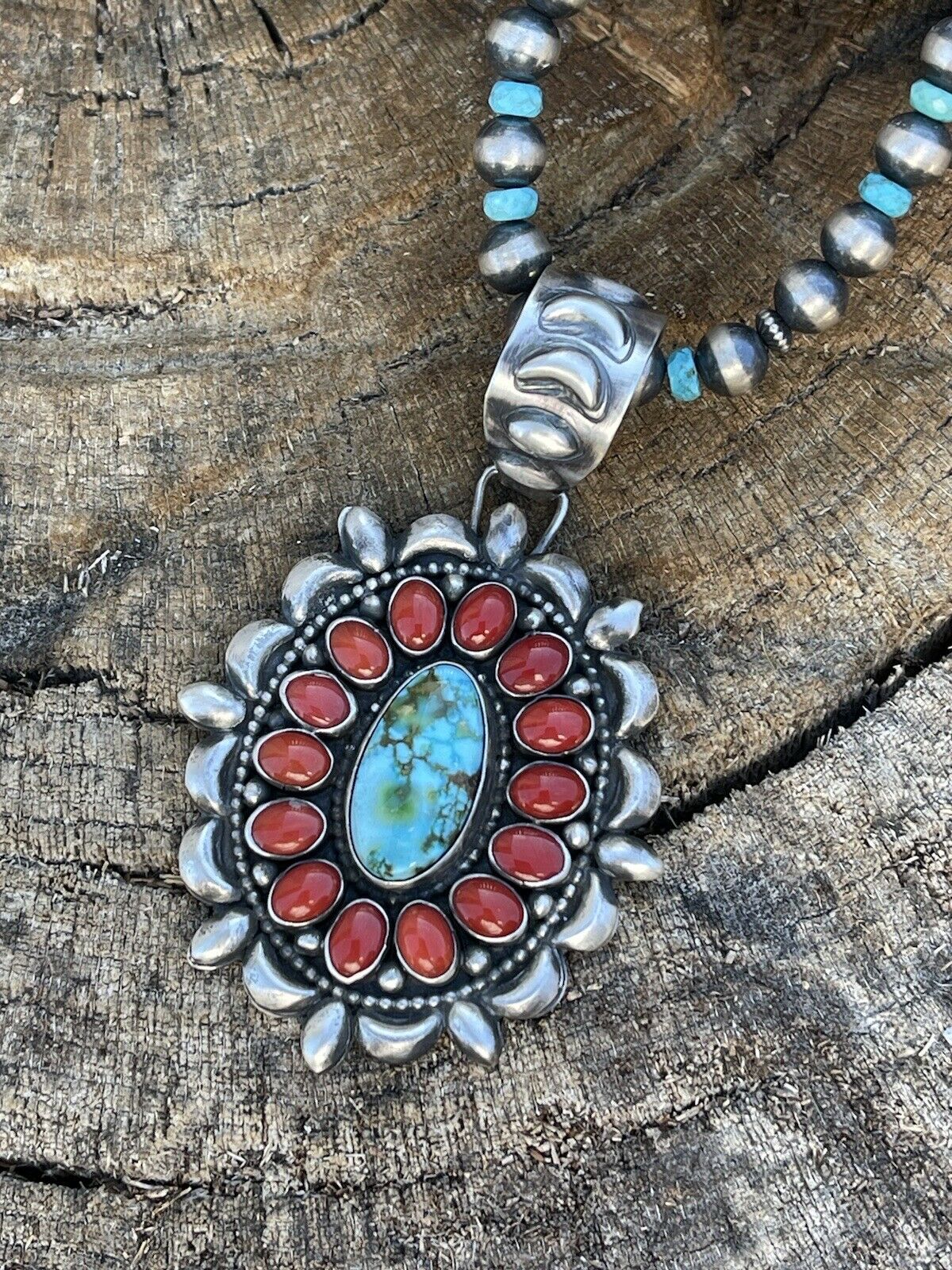 Handcrafted Sterling Kingman Web Turquoise & Red Coral Taos Ornate Pendant D. Clark
