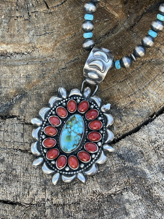 Handcrafted Sterling Kingman Web Turquoise & Red Coral Taos Ornate Pendant D. Clark