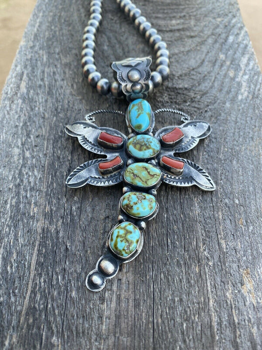 Handcrafted Shawn Cayatenito Sterling Silver Kingman  Turquoise & Coral Dragonfly Pendant