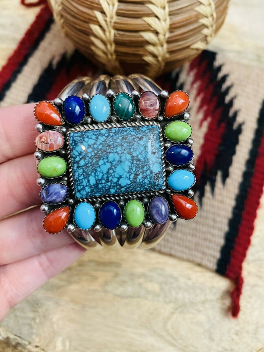 Handcrafted & Amazing Multi Stone & Sterling Silver Cuff Bracelet Signed
