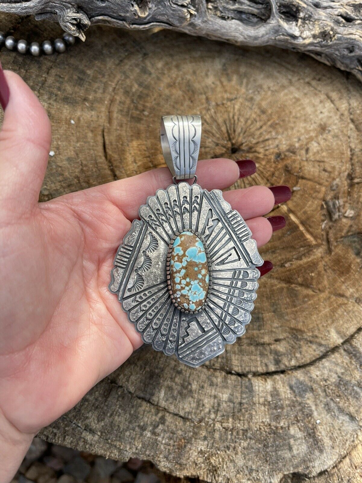 Handcrafted Number 8  Turquoise & Sterling Tufa Cast Jumbo Pendant Signed