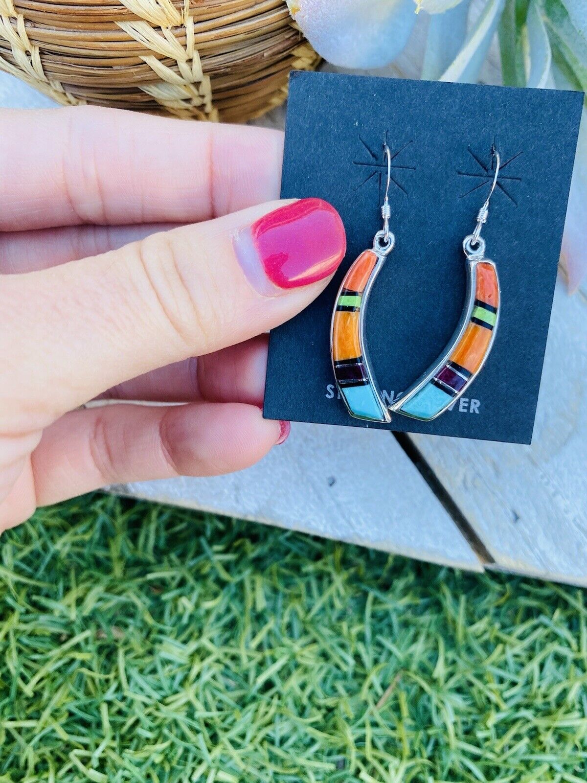 Handcrafted Multi Stone And Sterling Silver Inlay Dangle Earrings