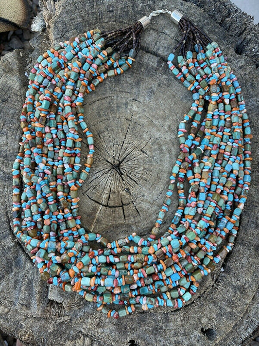 Navajo Turquoise Multi Stone & Sterling Silver 15 Strand Beaded Necklace