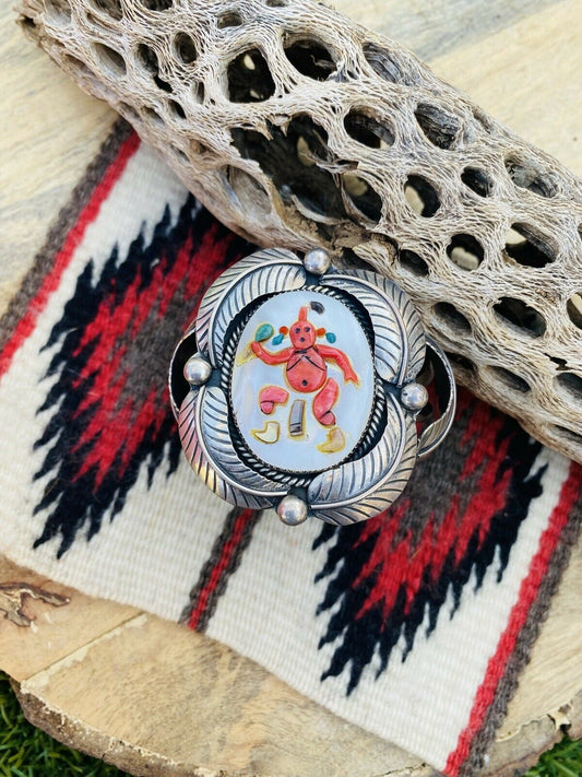 Vintage Handcrafted Multi Stone & Sterling Silver Inlay Mud Head Cuff Bracelet Signed /