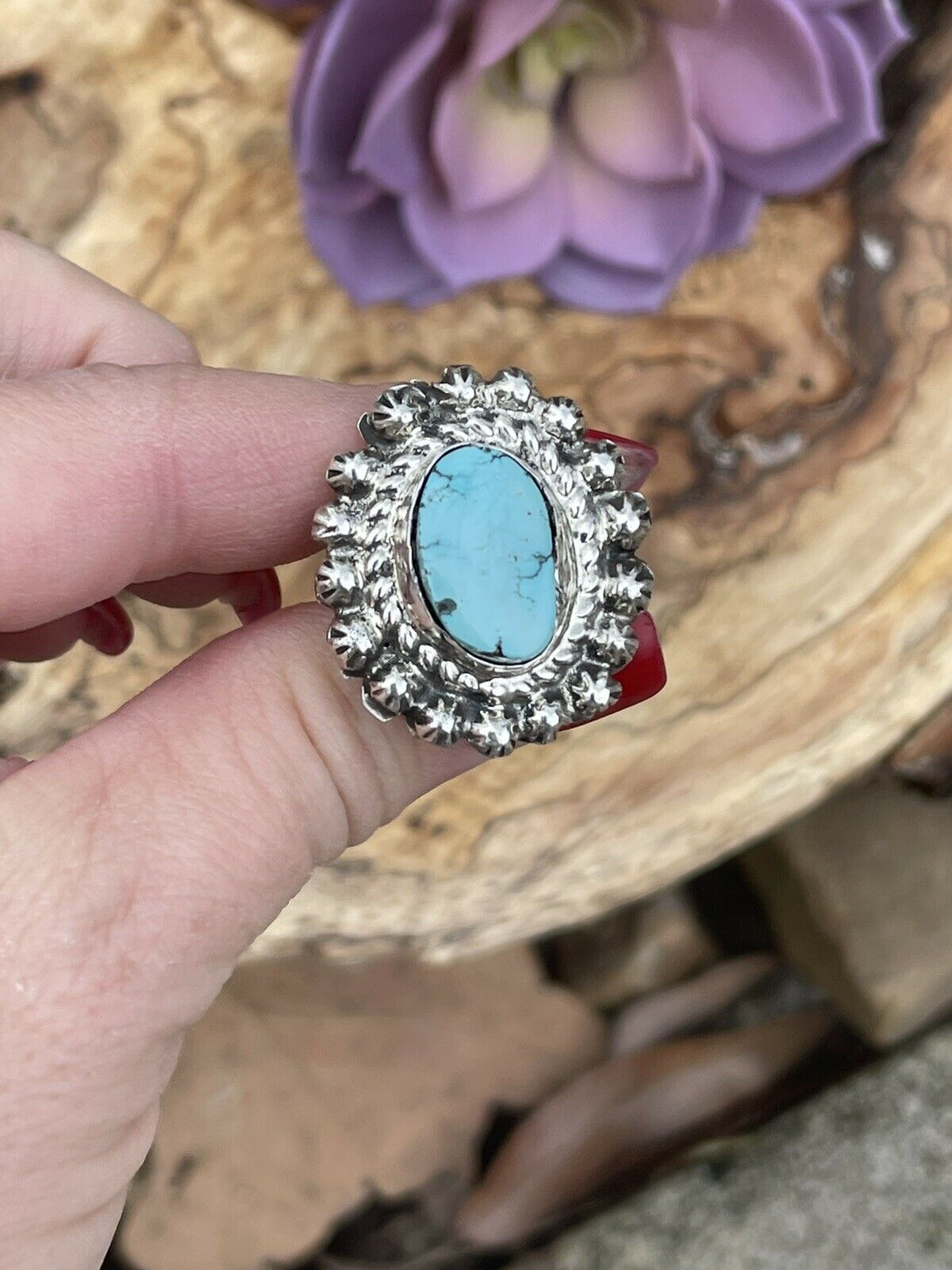 Handcrafted Sterling Carico Lake Turquoise Stone Sunburst Ring Size 8