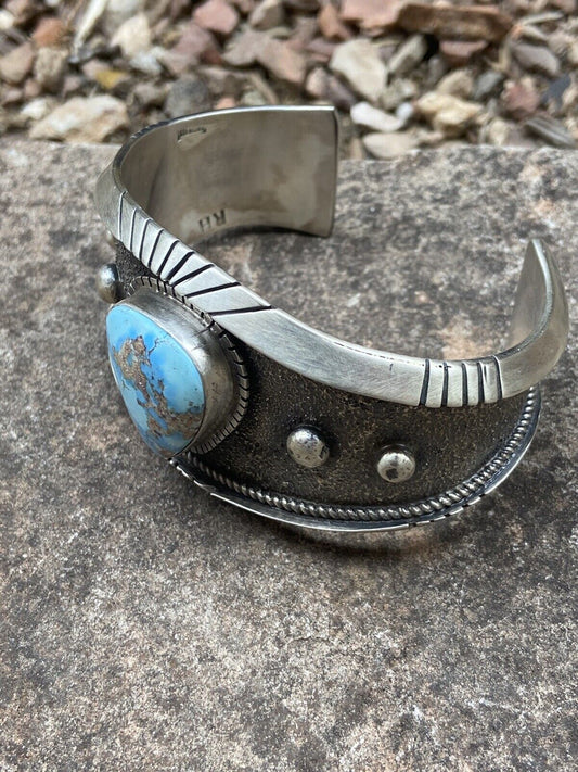 Navajo Golden Hill Turquoise Sterling Silver Cuff Bracelet Signed