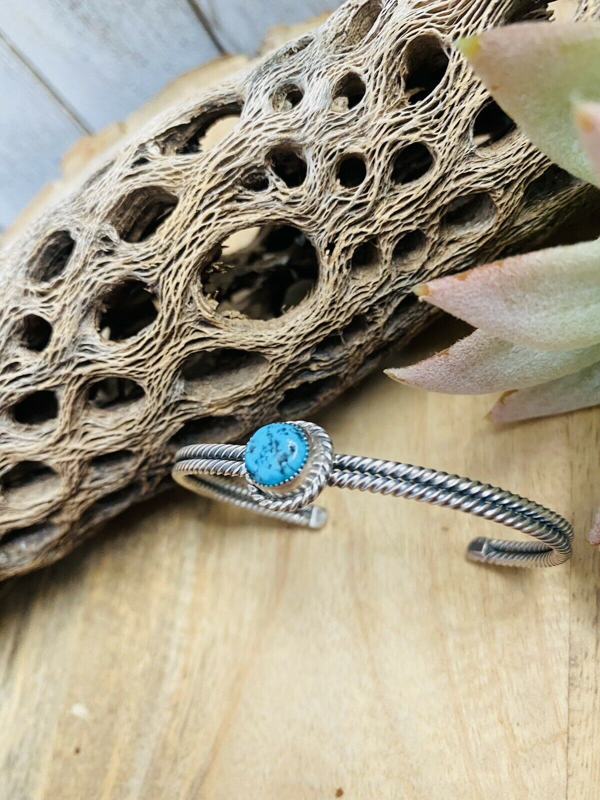 Handcrafted Sterling Silver & Kingman Turquoise Cuff Bracelet Signed