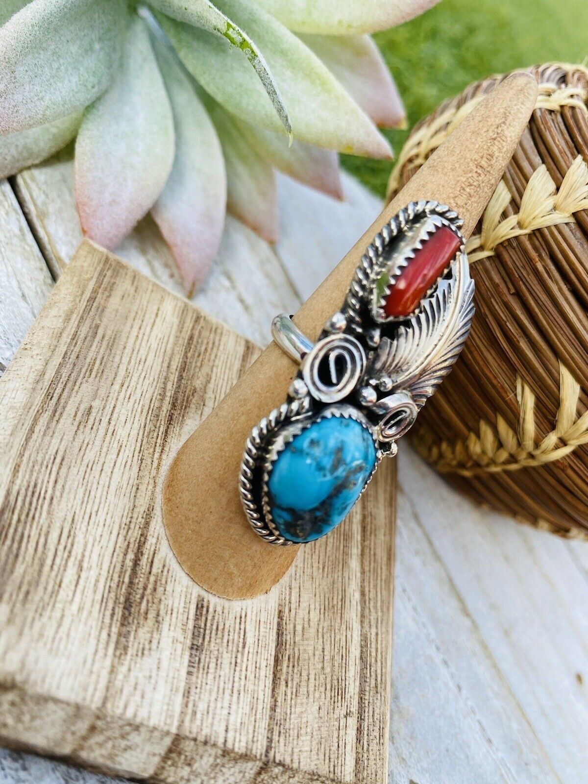 Handcrafted Turquoise, Coral & Sterling Silver Ring Size 5.5