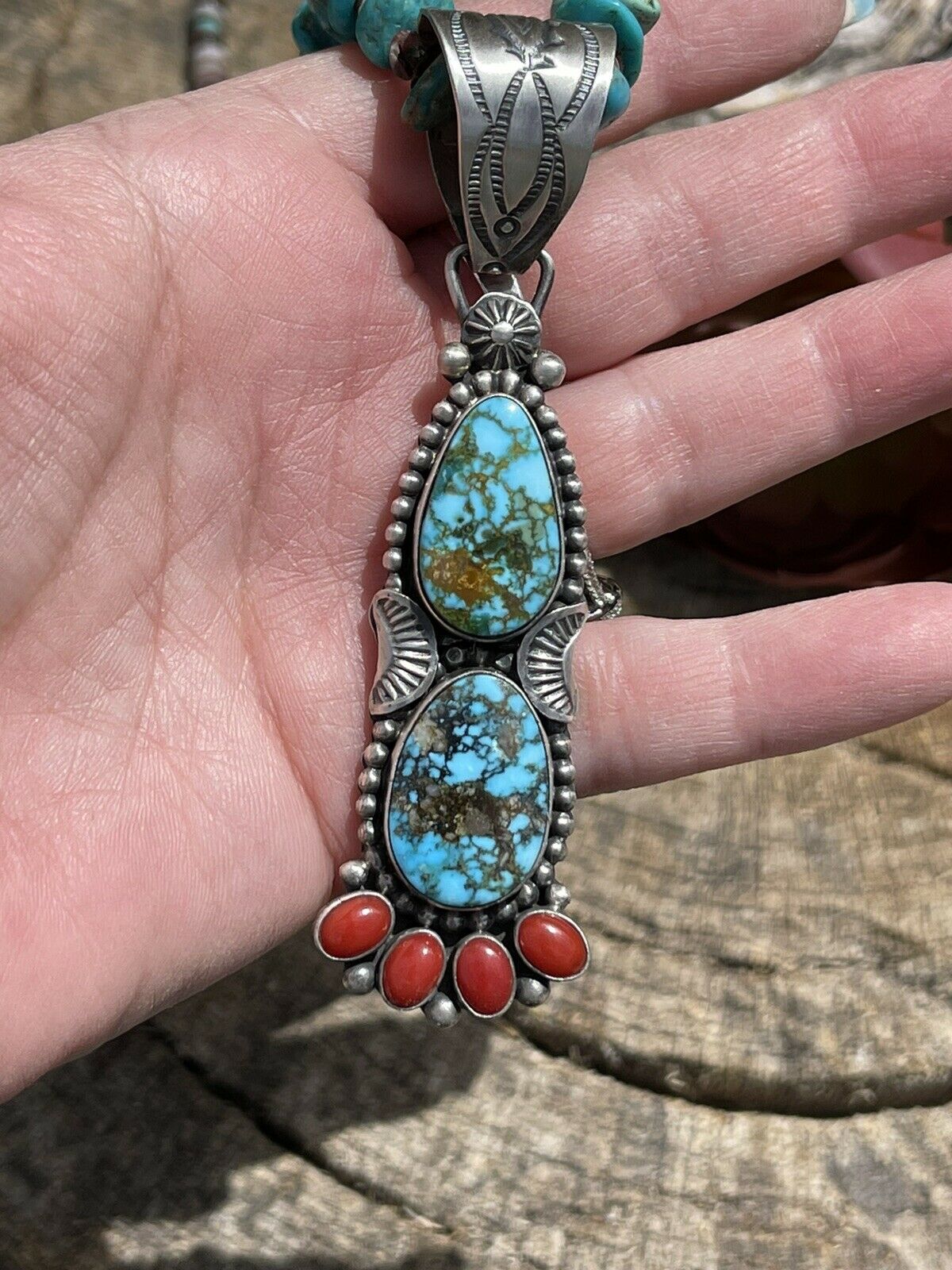 Handcrafted Sterling Kingman Web Turquoise & Red Coral Taos Pendant Danny Clark