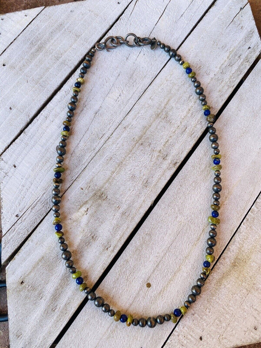 Handcrafted Lapis, Gaspeite And Sterling Silver Handcrafted Pearl Beaded Necklace