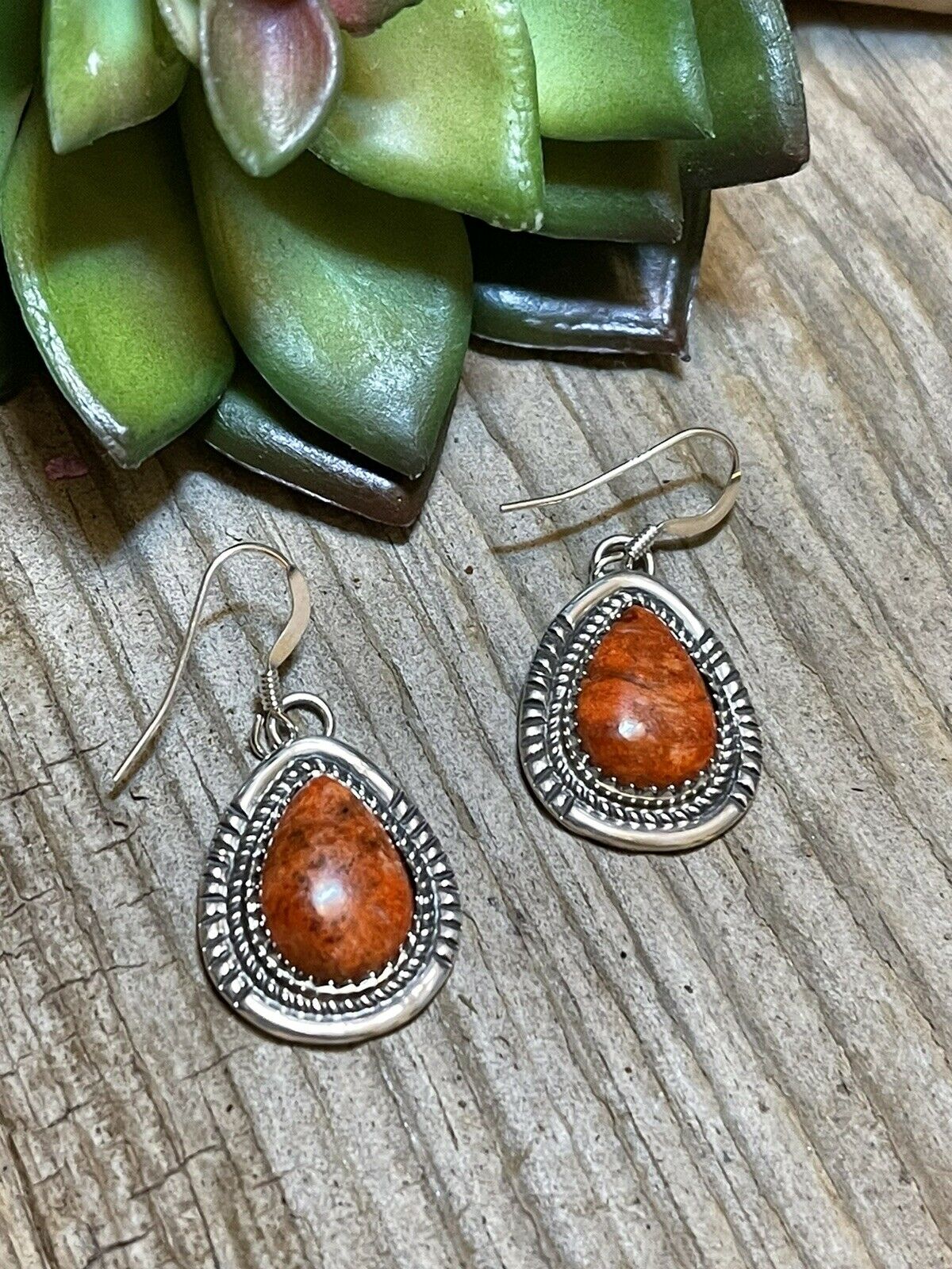 Handcrafted Sterling Silver Southwest Apple Coral Teardrop Earrings Signed G. Boyd