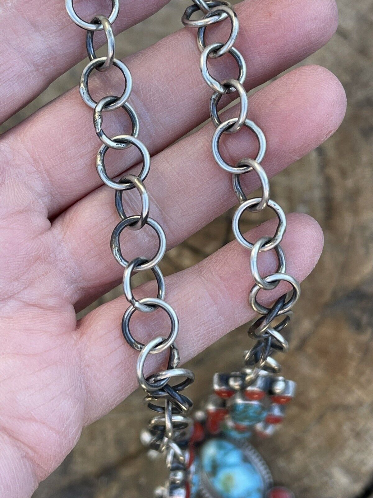 Handcrafted Sterling Kingman Turquoise Natural Red Coral Necklace Set Taos Collection