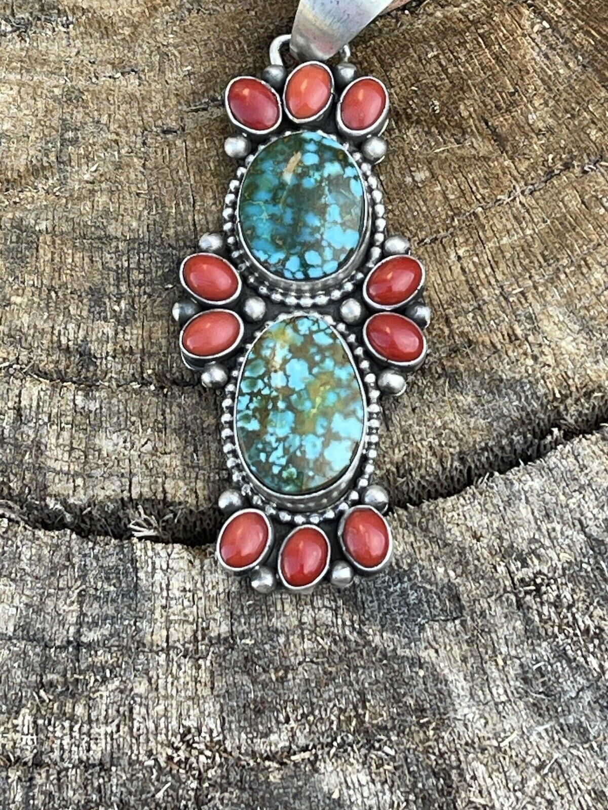 Handcrafted Sterling Kingman Web Turquoise & Red Coral Taos Pendant Bea Tom