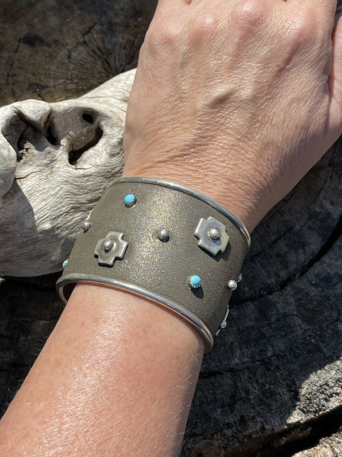 Navajo Sterling Silver Cross Bracelet Cuff With Turquoise Accent Stones Signed