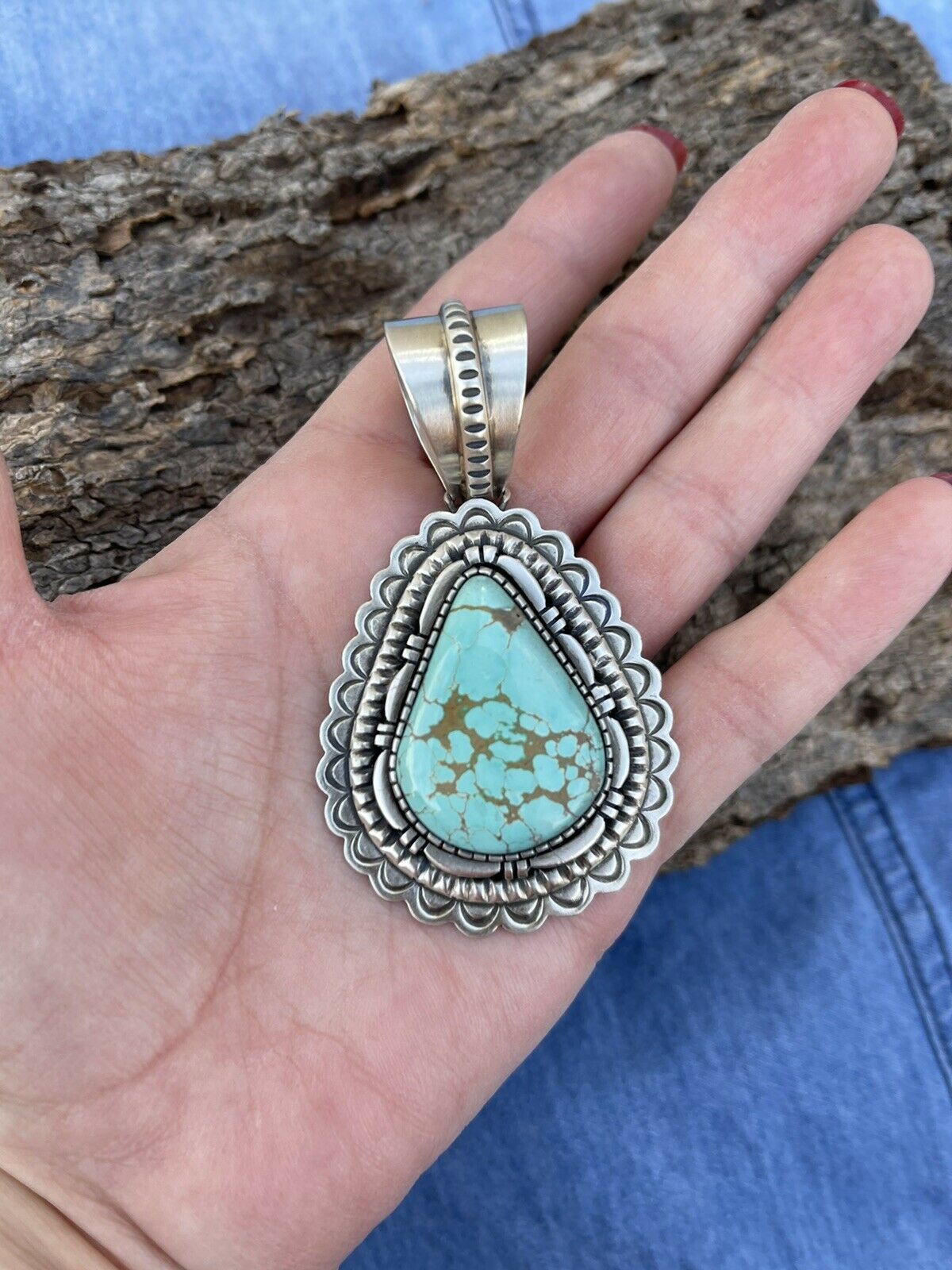 Handcrafted Number 8  Turquoise & Sterling Silver Jumbo Pendant Signed